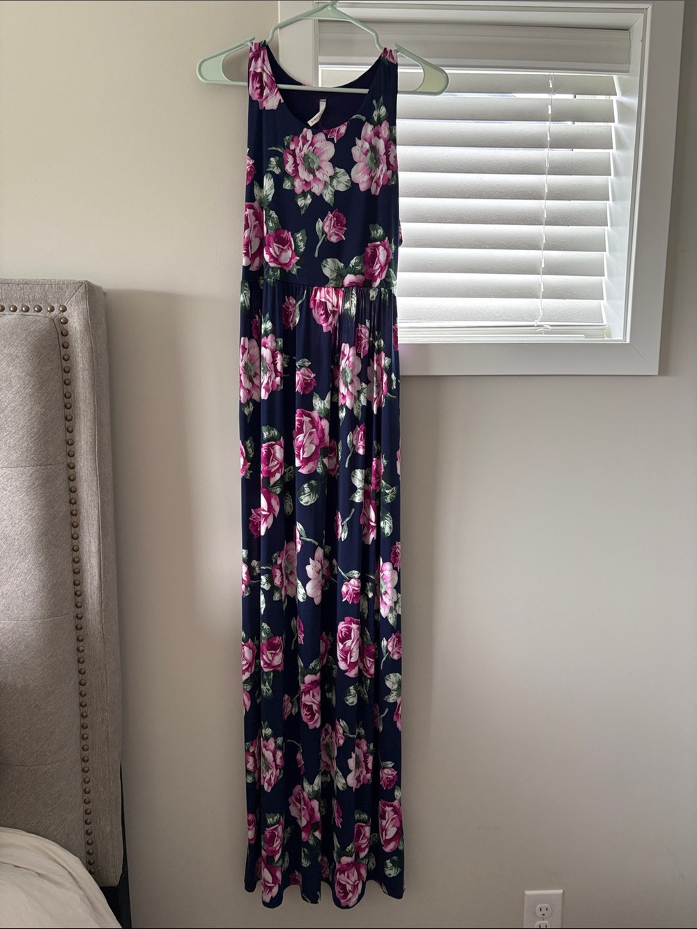 Navy Floral Maxi Dress with Pink Rose Print, pockets! Stretchy